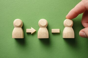Wooden figurines arranged in a row on a green surface,  with an arrow and a missing figurine, symbolizing removal or loss. A hand is placing the missing figurine