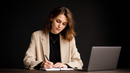 Woman writing in notebook at desk with laptop for work or study concept, business woman