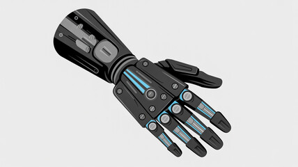 A highly detailed 3D render of a futuristic robotic prosthetic hand against a plain light gray background.