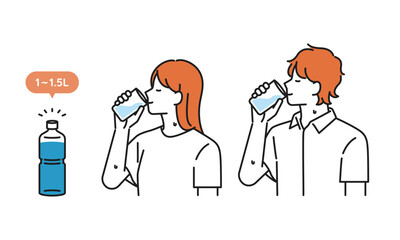 イラスト素材：水分補給に水を飲む若い男女