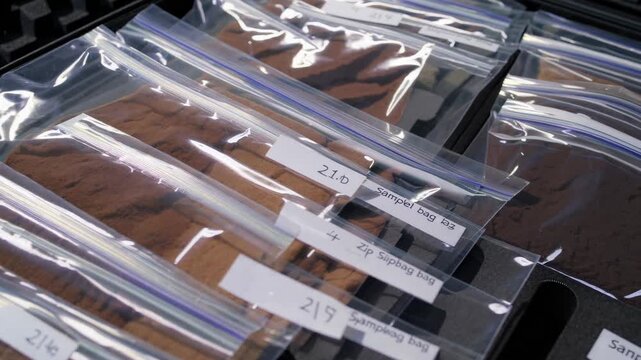 Professional soil sample collection, precisely labeling zip lock bags within specialized storage case, preparing for comprehensive laboratory research and analysis
