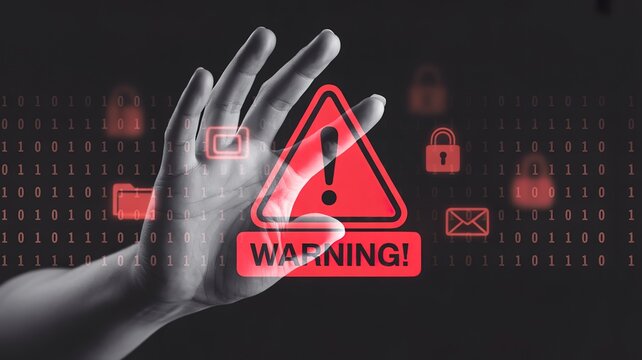Hand reaching towards a red warning sign with security icons and binary code