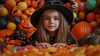 Sweet candy treats for Halloween with a spooky pumpkin background