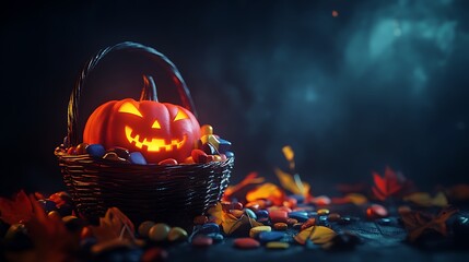 Halloween candy in a basket with eerie shadows and glowing elements