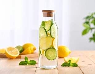 A glass bottle filled with water, cucumber slices, and lemon wedges sits on a wooden surface, accompanied by fresh lemons, lime, and mint.
