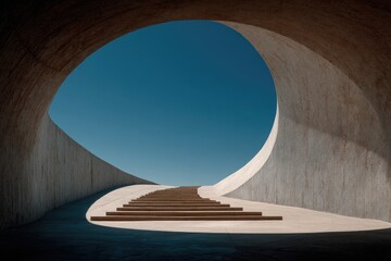 Abstract concrete tunnel with stairs leading to a clear blue sky