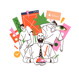 Development of UX UI design concept. Designers create new user interface of mobile app. Team redesigns UIUX, updates GUI of prototypes. Flat isolated outline vector illustration on white background