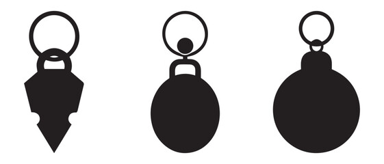 Minimal Silhouette Icon Set. Ringed Arrowhead, Circular Totem, and Rounded Pendant Shapes for Fantasy UI, Tribal Symbols, and Abstract Key Designs.