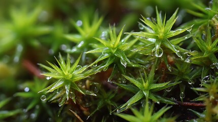 Close up of vibrant green moss with tiny water droplets glistening on its star shaped leaves