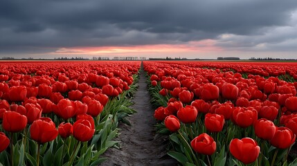 Vast field of red tulips under dramatic stormy skies