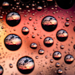 Creative macro drop pictures with different background subjects, mainly sunsets