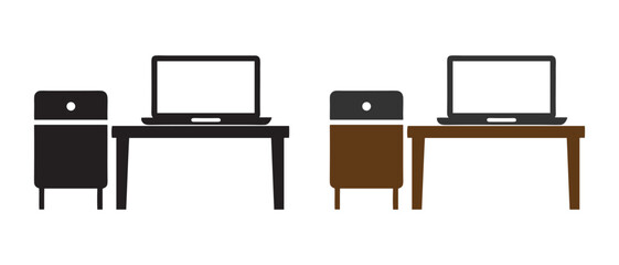Workspace Furniture Icon Set. Black and Brown Desk Arrangements with Laptop and Side Cabinet for Office UI, Home Setup Illustrations, and Interior Design Assets.