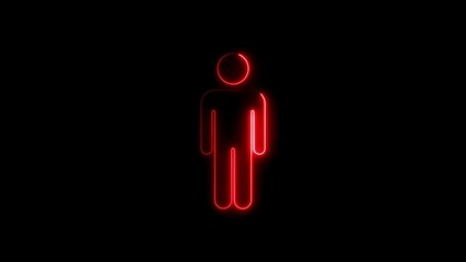 Red neon silhouette depicting human figure illuminated against a dark black backdrop