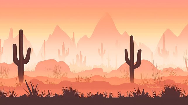 Ultra-minimalist desert landscape featuring cactus silhouette in sharp focus, vibrant gradient sky in pink and orange hues captured with 200mm lens and shallow depth of field