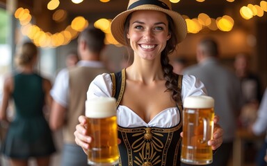 Oktoberfest girl waitress. Woman in dirndl, tyrolean hat serving big beer mugs on isolated background. Traditional Bavarian, German, Austrian party, autumn festival. High quality