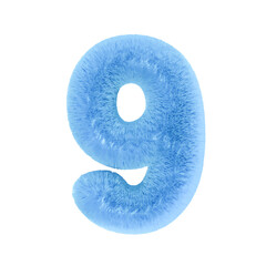 Number nine in 3d style. Modern blue fuzzy fluffy 3d lettering with one 3d on white background Typography 9 number design. Vector illustration