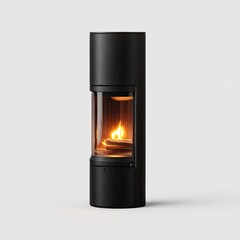 Sleek black cylindrical freestanding fireplace with glowing fire