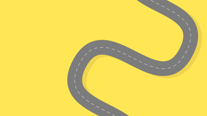 A winding grey road with dashed white lines on a yellow background