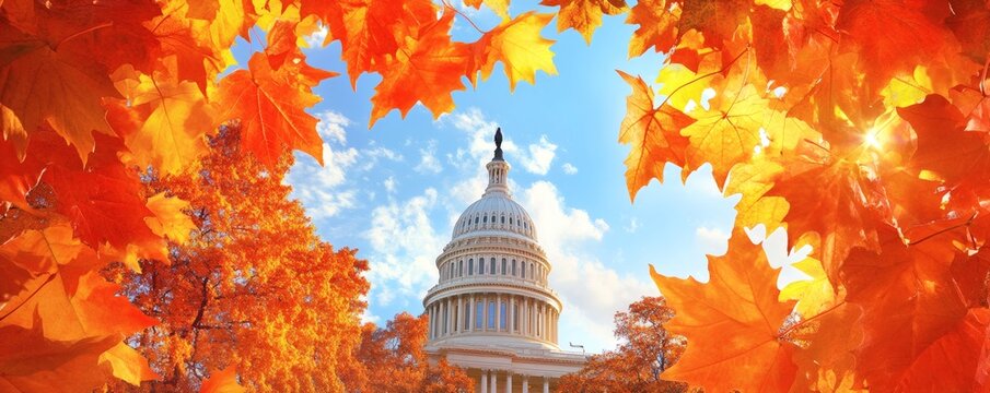 Fototapeta A capital building surrounded by brilliant red and orange autumn foliage