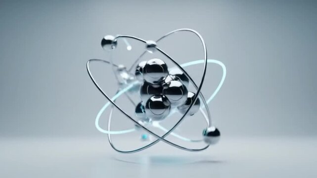 Metallic atom model with a central nucleus and electrons in glowing orbits. A concept for scientific research, quantum physics, and technology.