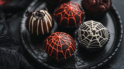 Sweet Halloween treats with spooky cobweb patterns and dark tones