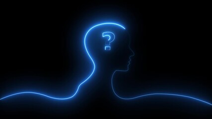 Glowing neon line Human head with question mark icon on black background. Neon glowing question mark with man head icon. Glowing neon couple in love animation with black background 