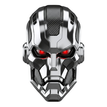 Evil robot head with glowing red eyes