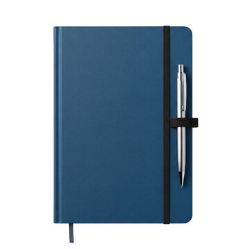 Blue notebook and pen with elastic closure