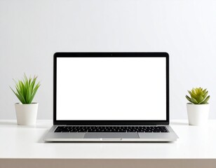 A laptop with a blank white screen is centered on a white desk, flanked by two small potted plants.