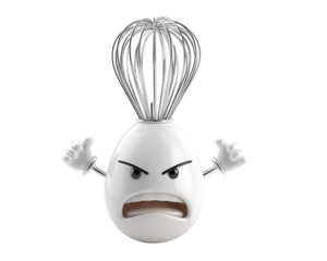 Angry egg character with whisk topper