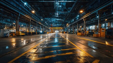 Industrial interior, long hall, factory