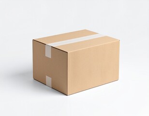 A single, closed, brown cardboard box is centered on a white background, secured with clear tape.