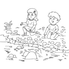 Cute cartoon hand drawn vector happy boy and girl throw stones into the sea outline.