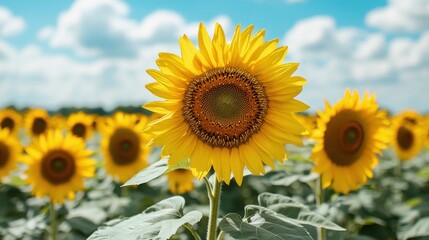 Fototapeta premium Bright sunflowers in a field under a cloudy sky