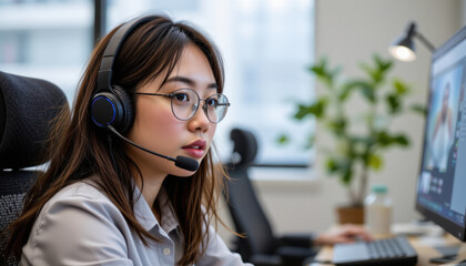 Focused Professional Working Computer with Headphones