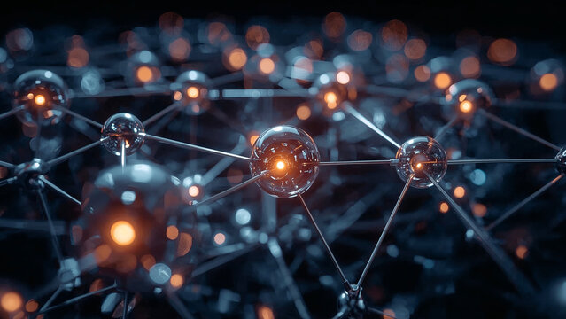 Abstract Network of Glowing Spheres Connected by Thin Rods with Orange Light connection