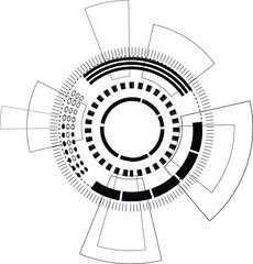 A circular, tech-inspired design features concentric rings and segmented shapes.
