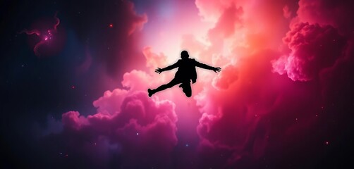 Naklejka premium Dark silhouette levitating against vibrant nebula, sky, galaxy