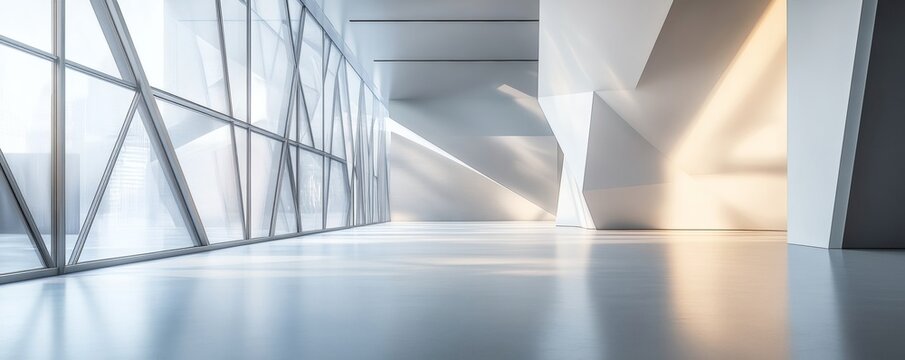 Modern interior design with large windows and reflective flooring