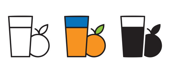 Fruit Juice Icon Set. White, Orange, and Black Glasses with Matching Fruits for Beverage Menus, Nutritional Apps, and Summer UI Designs.