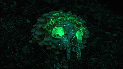 A surreal image of a decaying skull adorned with bioluminescent mushrooms in a dark temperate rainforest setting depicting an eerie and mystical ambiance.