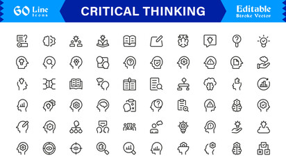 Critical Thinking Icon Set Featuring Brainstorming, Problem Solving, Logic, and Analysis Symbols in Vector Style