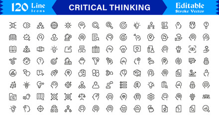 Critical Thinking Icon Set Featuring Brainstorming, Problem Solving, Logic, and Analysis Symbols in Vector Style © MDSalim