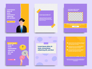 Purple yellow social media tutorial, tips, trick, did you know post banner layout template set with torn paper design element