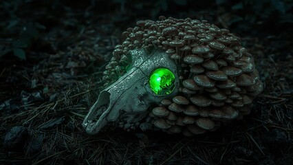 An eerie forest floor composition featuring a decaying animal skull with bioluminescent mushrooms and a glowing green eye socket amidst a dark shadowy environment.