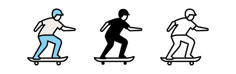 Dynamic skateboarder in motion, showcasing skill and style with three variations of design.