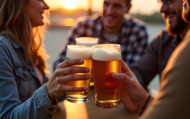 Group of four friends drinking beer. High quality