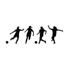 Silhouettes of female soccer players in action on a white background