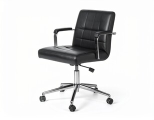 A black leather office chair with chrome armrests and a five-star base with wheels, isolated on a white background.