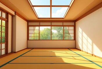 Minimalist empty Japanese room, large window, sunlit tatami mats, cartoon style, blank, cartoon